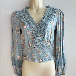 Self Esteem Powder Blue Floral Lace-Trim Wrap Top